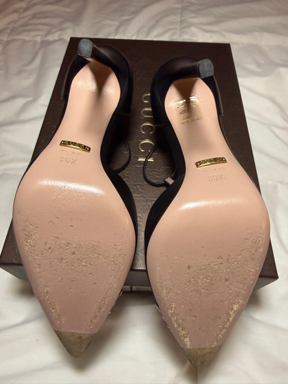 Gucci Black Leather T-Strap Pointed Heels with Gold Stud Embellishment - Picture 2 of 5